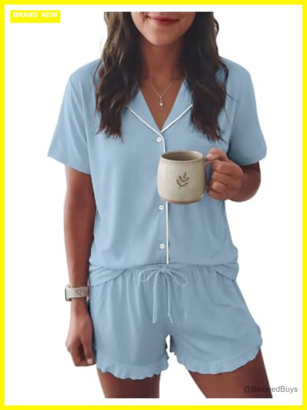 Ekouaer Women's 2-Piece Pajama Set Button Down Ruffled Short Sleeve Sleepwear
